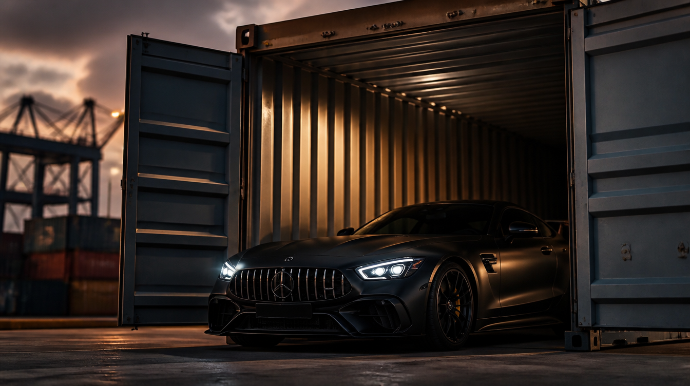 Matte-black coupe loaded in a shipping container at a port at dusk